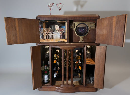 1940'S Art Deco Zenith Radio Console Repurposed into Custom Dry/Wine Bar with Soundbar