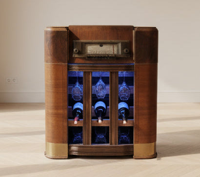 1940s Silvertone Radio Dry Bar – Upcycled Art Deco Cabinet w/ LED & Storage