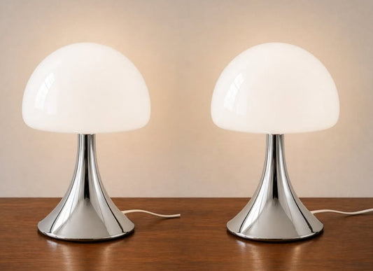 Retro Bauhaus Mushroom Table Lamp Chrome Base White/Beige Glass LED/MCM Style