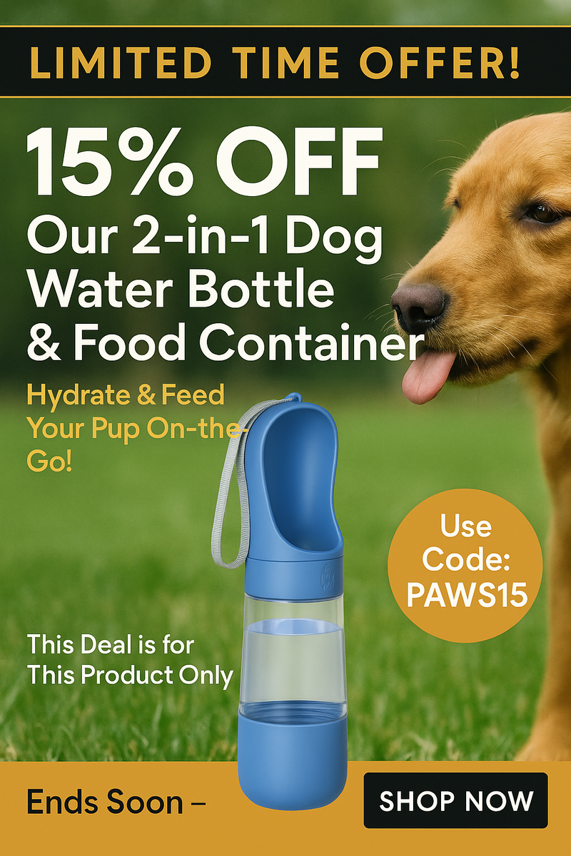 Promotional advertisement for a 2-in-1 dog water bottle and food container with a limited time offer and discount code.