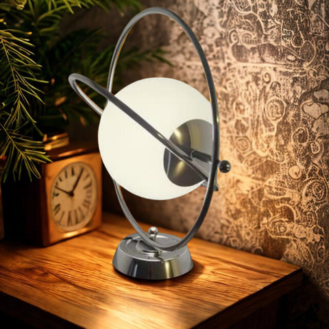 Italian Space-Age Rotating Moon Lamp – Dual Sphere Chrome Accent Light with Tri-Color LED
