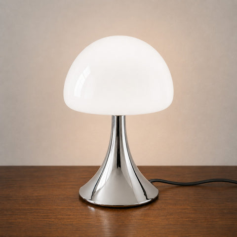 Retro Bauhaus Mushroom Table Lamp Chrome Base White/Beige Glass LED/MCM Style