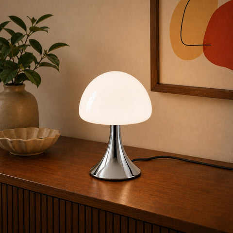 Retro Bauhaus Mushroom Table Lamp Chrome Base White/Beige Glass LED/MCM Style
