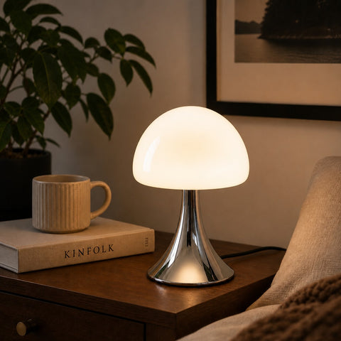 Retro Bauhaus Mushroom Table Lamp Chrome Base White/Beige Glass LED/MCM Style