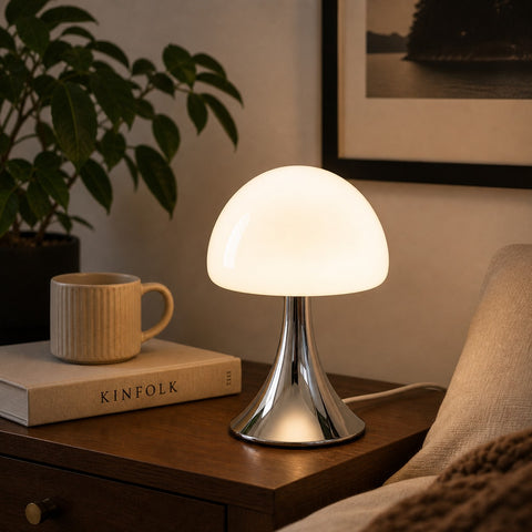 Bauhaus Cream Dome Glass LED Table Lamp – Mid-Century Modern Chrome Accent Light