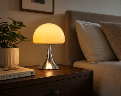 Bauhaus Cream Dome Glass LED Table Lamp – Mid-Century Modern Chrome Accent Light