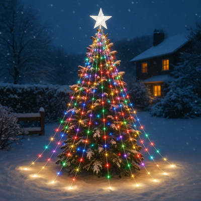 LED Outdoor Christmas Tree Waterfall Lights – USB Powered, 8 Modes, Waterproof (6.5 ft / 9.8 ft)