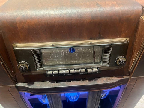 1940s Silvertone Radio Dry Bar – Upcycled Art Deco Cabinet w/ LED & Storage