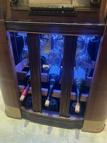 1940s Silvertone Radio Dry Bar – Upcycled Art Deco Cabinet w/ LED & Storage