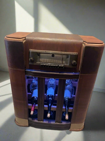 1940s Silvertone Radio Dry Bar – Upcycled Art Deco Cabinet w/ LED & Storage