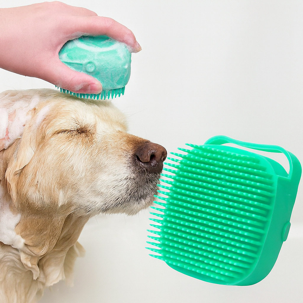 2-in-1 Pet Shampoo Brush & Dispenser – Soft Silicone Bathing & Massage Grooming Tool for Dogs & Cats