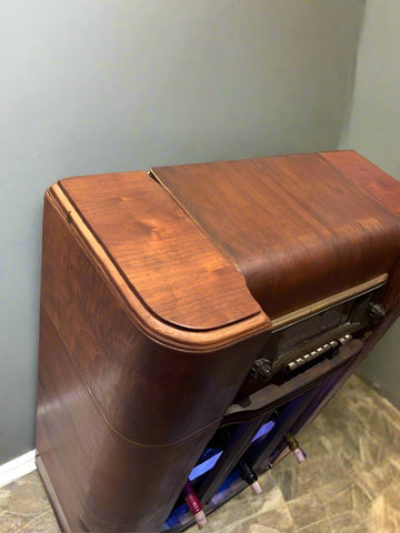 1940s Silvertone Radio Dry Bar – Upcycled Art Deco Cabinet w/ LED & Storage