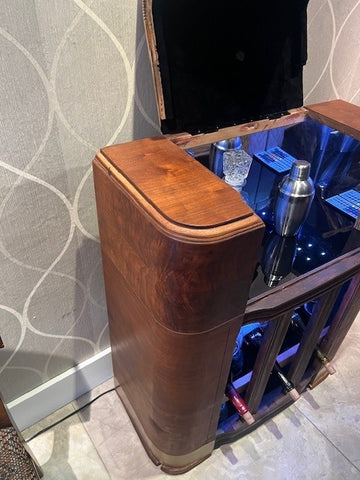 1940s Silvertone Radio Dry Bar – Upcycled Art Deco Cabinet w/ LED & Storage