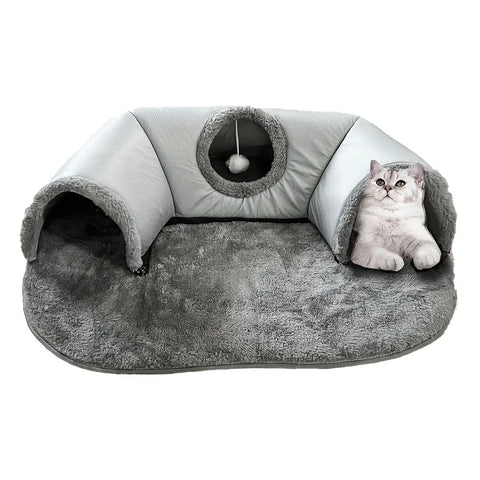 3-in-1 Cat Tunnel Bed – Interactive Play Mat, Hideaway Nest & Sleeping Cave for Small to Medium Cats