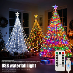 LED Outdoor Christmas Tree Waterfall Lights – USB Powered, 8 Modes, Waterproof (6.5 ft / 9.8 ft)