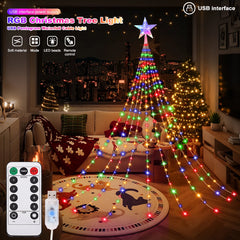 LED Outdoor Christmas Tree Waterfall Lights – USB Powered, 8 Modes, Waterproof (6.5 ft / 9.8 ft)