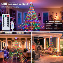 LED Outdoor Christmas Tree Waterfall Lights – USB Powered, 8 Modes, Waterproof (6.5 ft / 9.8 ft)