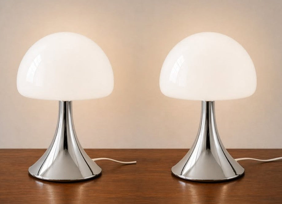 Retro Bauhaus Mushroom Table Lamp Chrome Base White/Beige Glass LED/MCM Style