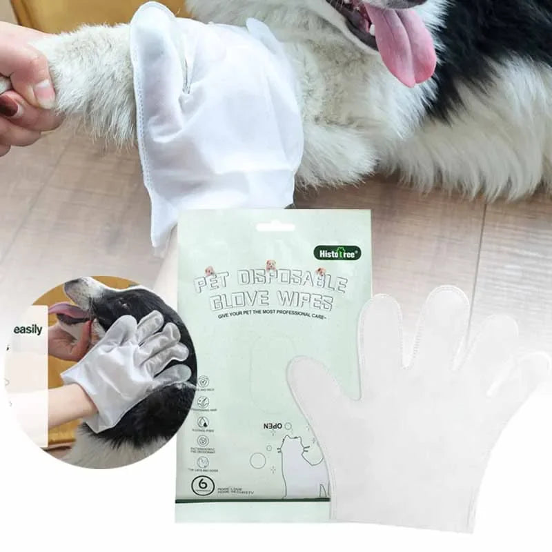 6PCS No-Rinse Disposable Pet Cleaning Glove Towels – Deodorizing Wet Wipes for Cats & Dogs