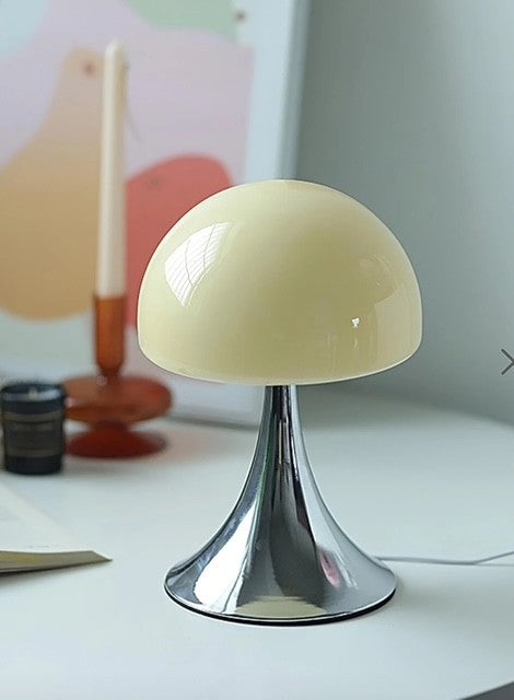 Bauhaus Cream Dome Glass LED Table Lamp – Mid-Century Modern Chrome Accent Light