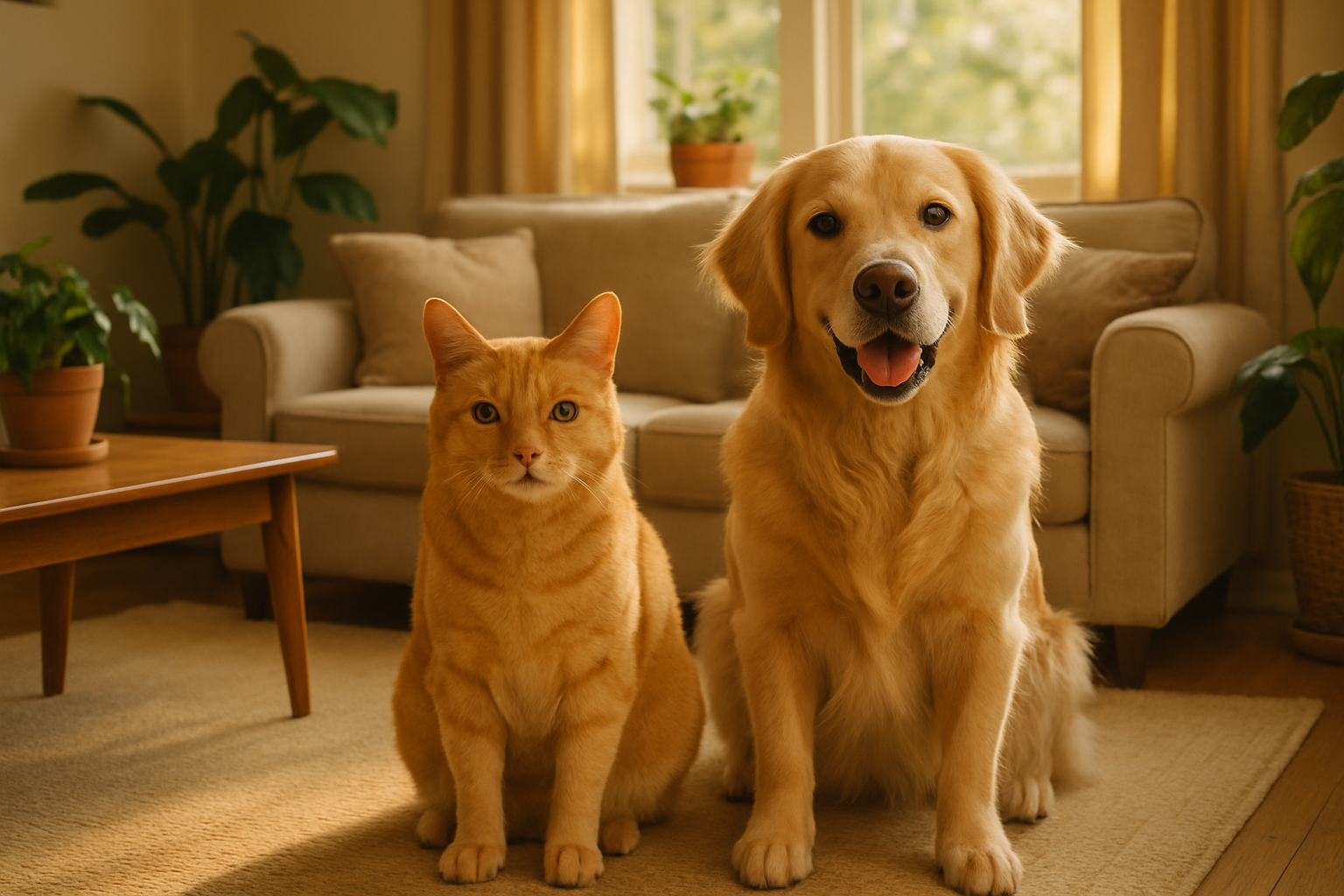 Show a cat and dog sitting in a living room. Aspect ratio 3:2
