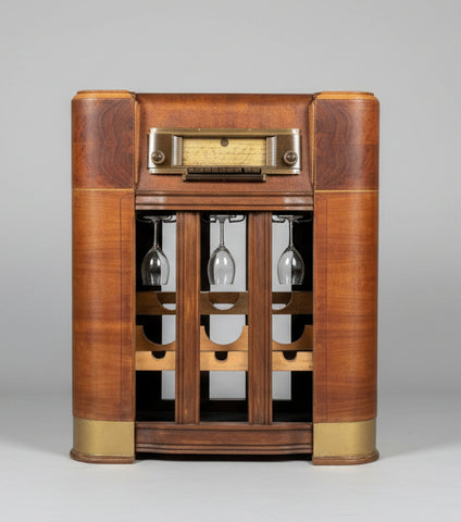 1940s Silvertone Radio Dry Bar – Upcycled Art Deco Cabinet w/ LED & Storage