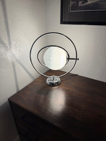 Italian Space-Age Rotating Moon Lamp – Dual Sphere Chrome Accent Light with Tri-Color LED