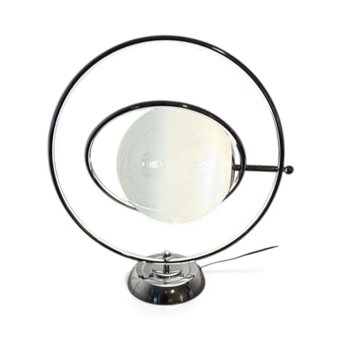 Italian Space-Age Rotating Moon Lamp – Dual Sphere Chrome Accent Light with Tri-Color LED